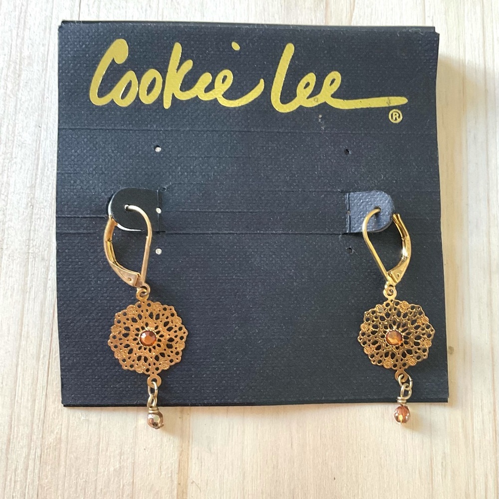 Cookie Lee gold filigree dangle earrings crystal bead